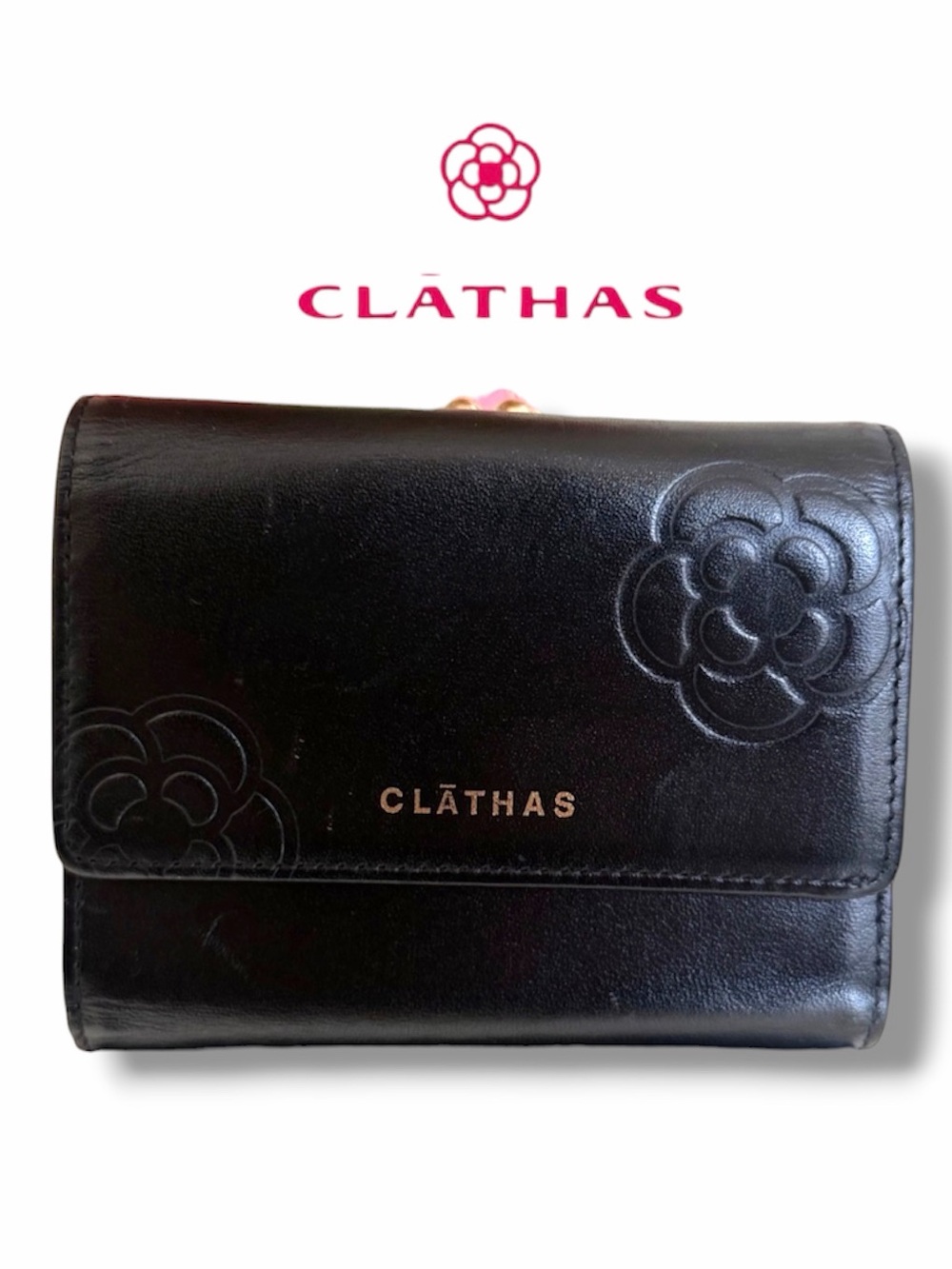 CLATHAS Compact Wallet Cowhide Leather Kiss-lock Embossed Camellia Flower